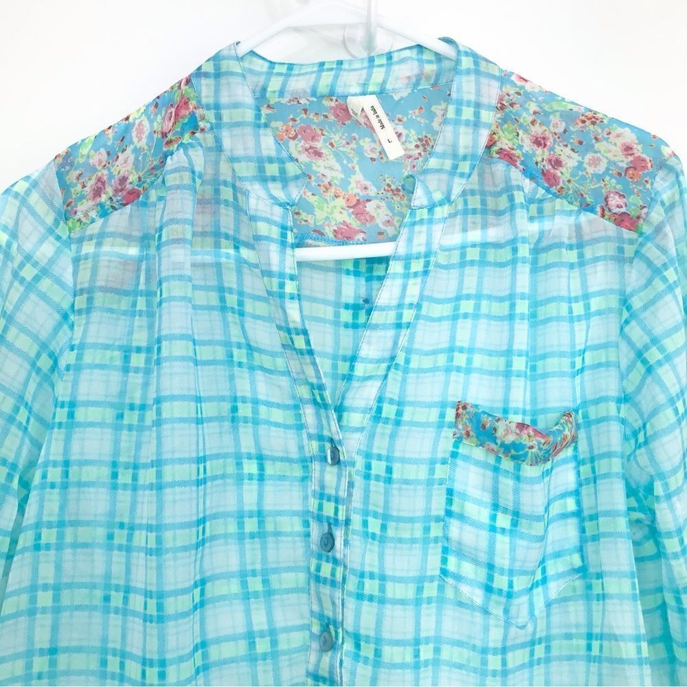 Truth Plaid Floral Teal Semi Sheer Button Down Cottagecore Blouse - Picture 2 of 13